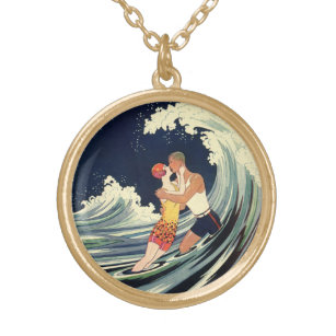 Vintage Art Deco Lovers Kiss in the Waves at Beach Gold Plated Necklace
