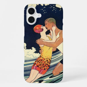 Vintage Art Deco Lovers Kiss in the Waves at Beach iPhone 16 Plus Case