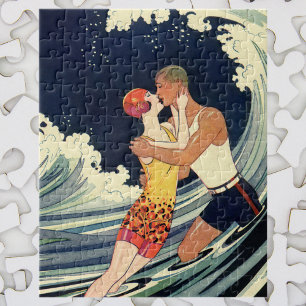 Vintage Art Deco Lovers Kiss in the Waves at Beach Jigsaw Puzzle