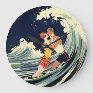 Vintage Art Deco Lovers Kiss in the Waves at Beach Large Clock