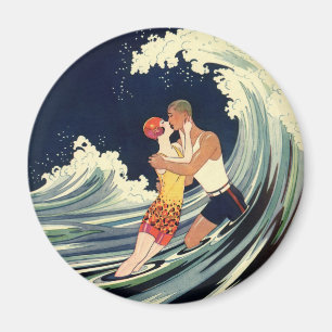 Vintage Art Deco Lovers Kiss in the Waves at Beach Magnet