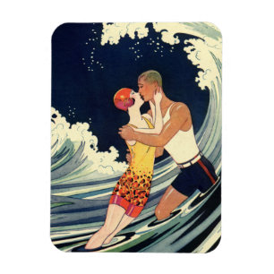 Vintage Art Deco Lovers Kiss in the Waves at Beach Magnet