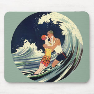 Vintage Art Deco Lovers Kiss in the Waves at Beach Mouse Mat