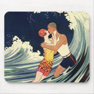 Vintage Art Deco Lovers Kiss in the Waves at Beach Mouse Mat