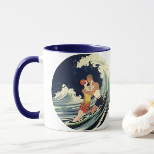 Vintage Art Deco Lovers Kiss in the Waves at Beach Mug