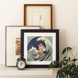 Vintage Art Deco Lovers Kiss in the Waves at Beach Poster