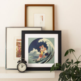 Vintage Art Deco Lovers Kiss in the Waves at Beach Poster