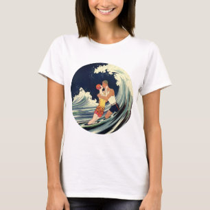 Vintage Art Deco Lovers Kiss in the Waves at Beach T-Shirt