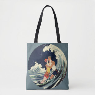 Vintage Art Deco Lovers Kiss in the Waves at Beach Tote Bag