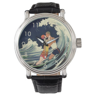 Vintage Art Deco Lovers Kiss in the Waves at Beach Watch