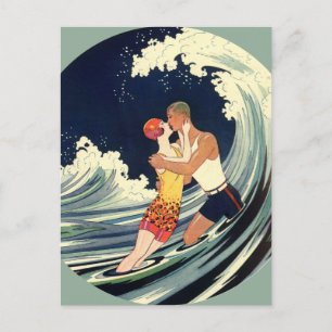 Vintage Art Deco Lovers Kiss Wedding Save the Date Announcement Postcard