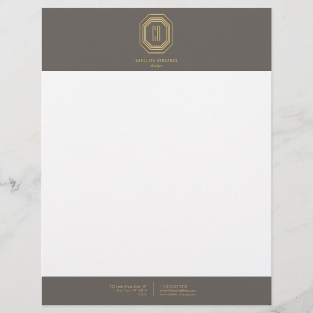 Vintage Art Deco Monogram Gold/Grey Custom Letterhead (Front)