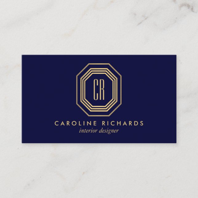 Vintage Art Deco Monogram Gold/Navy Business Card (Front)