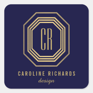 Vintage Art Deco Monogram Gold/Navy Square Sticker