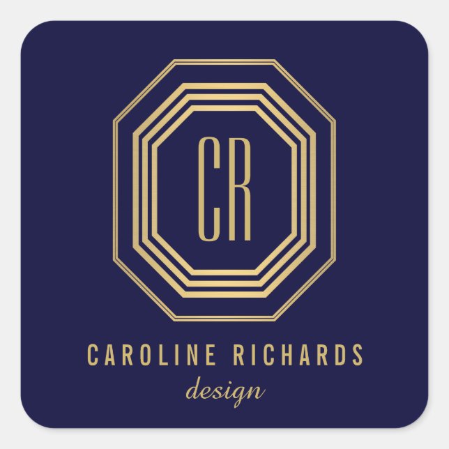 Vintage Art Deco Monogram Gold/Navy Square Sticker (Front)