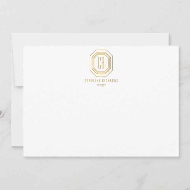 Vintage Art Deco Monogram Gold/White Flat Notecard (Front)