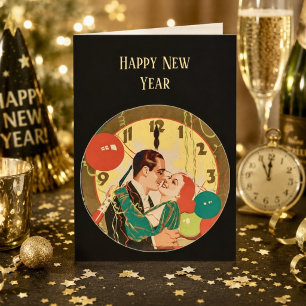 Vintage Art Deco New Year’s Eve Kiss Clock Card