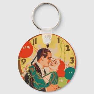 Vintage Art Deco New Year’s Eve Kiss Clock Key Ring