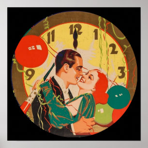 Vintage Art Deco New Year’s Eve Kiss Clock  Poster