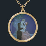 Vintage Art Deco Newlyweds, Oui by George Barbier Gold Plated Necklace<br><div class="desc">Vintage illustration love and romance art deco image with a man and a woman dressed in formal attire ballroom dancing in the moonlight; she is in an elegant wedding gown resembling a flower with petals and he is in his finest tuxedo. The couple is standing on a balcony overlooking the...</div>