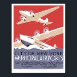 Vintage Art Deco NYC municipal airport WPA Poster<br><div class="desc">This is a digitally enhanced print of a vintage 1937 Art Deco WPA poster promoting New York's municipal airports, Floyd Bennett Field and North Beach, East River Seaplane bases, Wall Street and 31st Street, showing airplane and seaplane. The text reads, "City of New York municipal airports: No. 1 Floyd Bennett...</div>