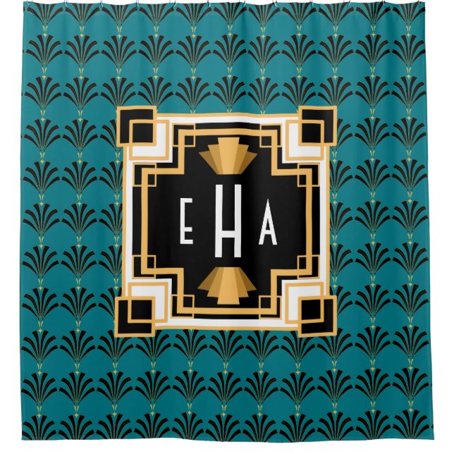 Vintage Art Deco Palmetto Pattern Monogram Shower Curtain (Front)