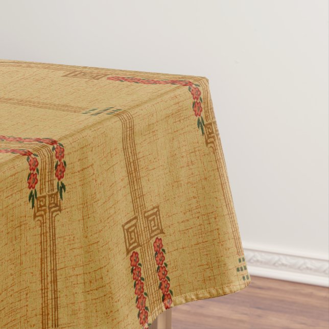 Vintage Art Deco Pink Flowers Pattern Tablecloth (In Situ)