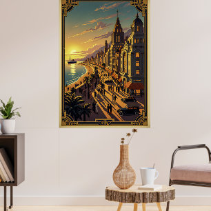 Vintage Art Deco Poster of Seaside Cityscape
