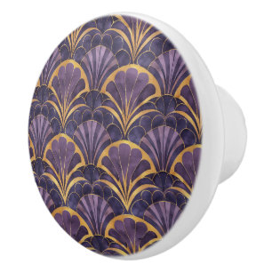 Vintage Art Deco Purple Gold Fan Pattern Design Ceramic Knob