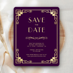 Vintage Art Deco Purple Gold Wedding Photo Save The Date