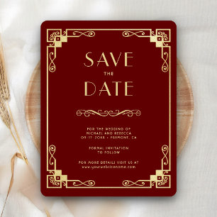Vintage Art Deco Red Gold Wedding Photo Save The Date