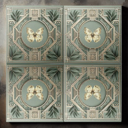 Vintage Art Deco Sage Green Botanical Butterfly  Tile