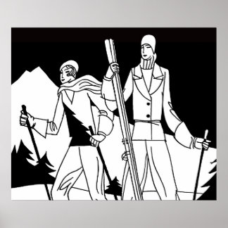 Vintage Art Deco Ski Couple Skiers Illustration Poster