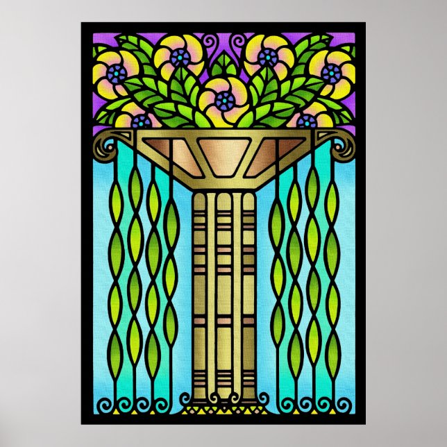 Vintage art deco stain glass floral design poster (Front)