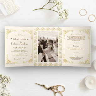 Vintage Art Deco Style Ivory and Gold Wedding Tri-Fold Invitation