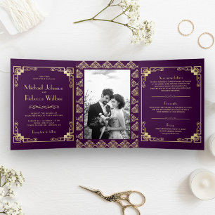 Vintage Art Deco Style Purple and Gold Wedding Tri-Fold Invitation