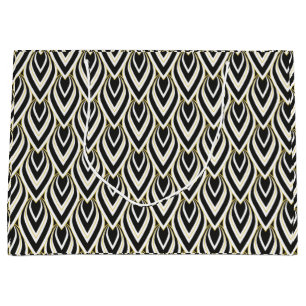 Vintage Art Deco Teardrop Black, Gold, White Tiled Large Gift Bag
