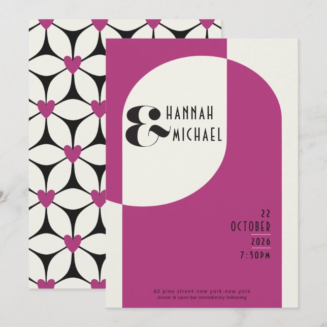 Vintage Art Deco Wedding Black Magenta Invitation (Front/Back)