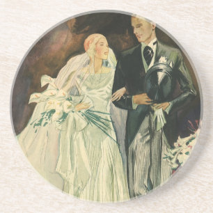 Vintage Art Deco Wedding Bride and Groom Newlyweds Coaster