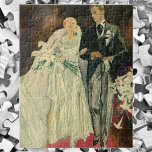 Vintage Art Deco Wedding Bride and Groom Newlyweds Jigsaw Puzzle<br><div class="desc">Vintage illustration love and romance art deco image featuring a bride and groom walking down the aisle after the wedding ceremony. The man is wearing a tuxedo and the woman is wearing a white wedding gown and carrying a bouquet of calla lily flowers. The happy newlywed couple start their marriage....</div>
