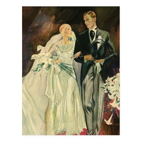 Vintage Art Deco Wedding Bride and Groom Newlyweds Postcard