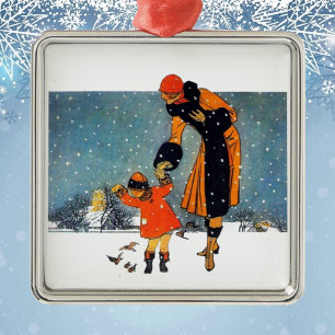 Vintage Art Deco Winter Mother and Child in Snow Ceramic Tree Decoration