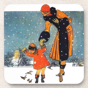 Vintage Art Deco Winter Mother and Child in Snow Coaster