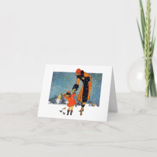 Vintage Art Deco Winter Mother and Child in Snow Holiday Card