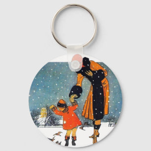 Vintage Art Deco Winter Mother and Child in Snow Key Ring