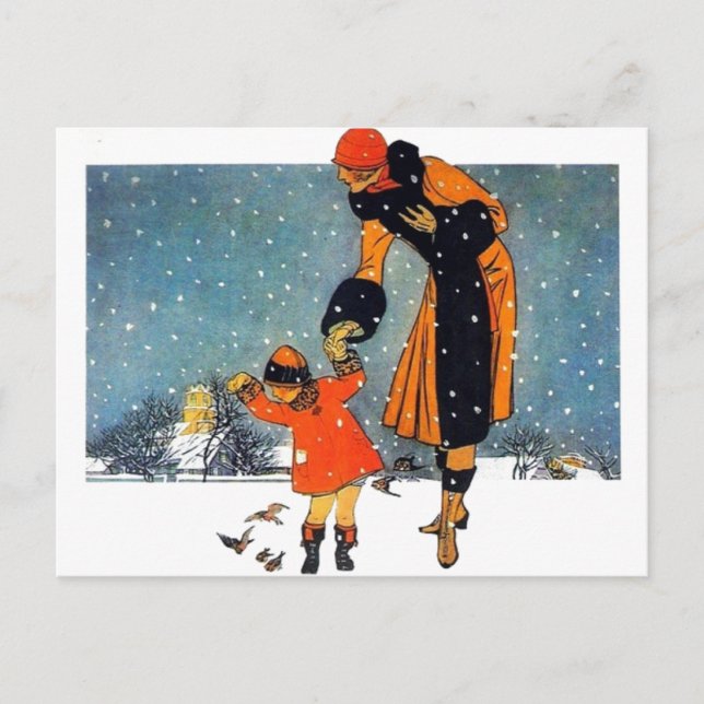 Vintage Art Deco Winter Mother and Child in Snow  Postcard (Front)