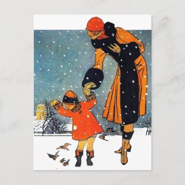 Vintage Art Deco Winter Mother and Child in Snow  Postcard (Front)