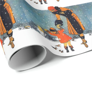 Vintage Art Deco Winter Mother and Child in Snow Wrapping Paper