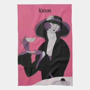 Vintage Art Deco Woman, Afternoon Tea and Cupcake Towel