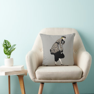 Vintage Art Deco Woman in Leopard Print Jacket Cushion